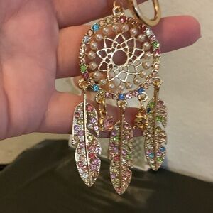 Gold Dreamcatcher Feather Bagcharm with Multicolor Crystals